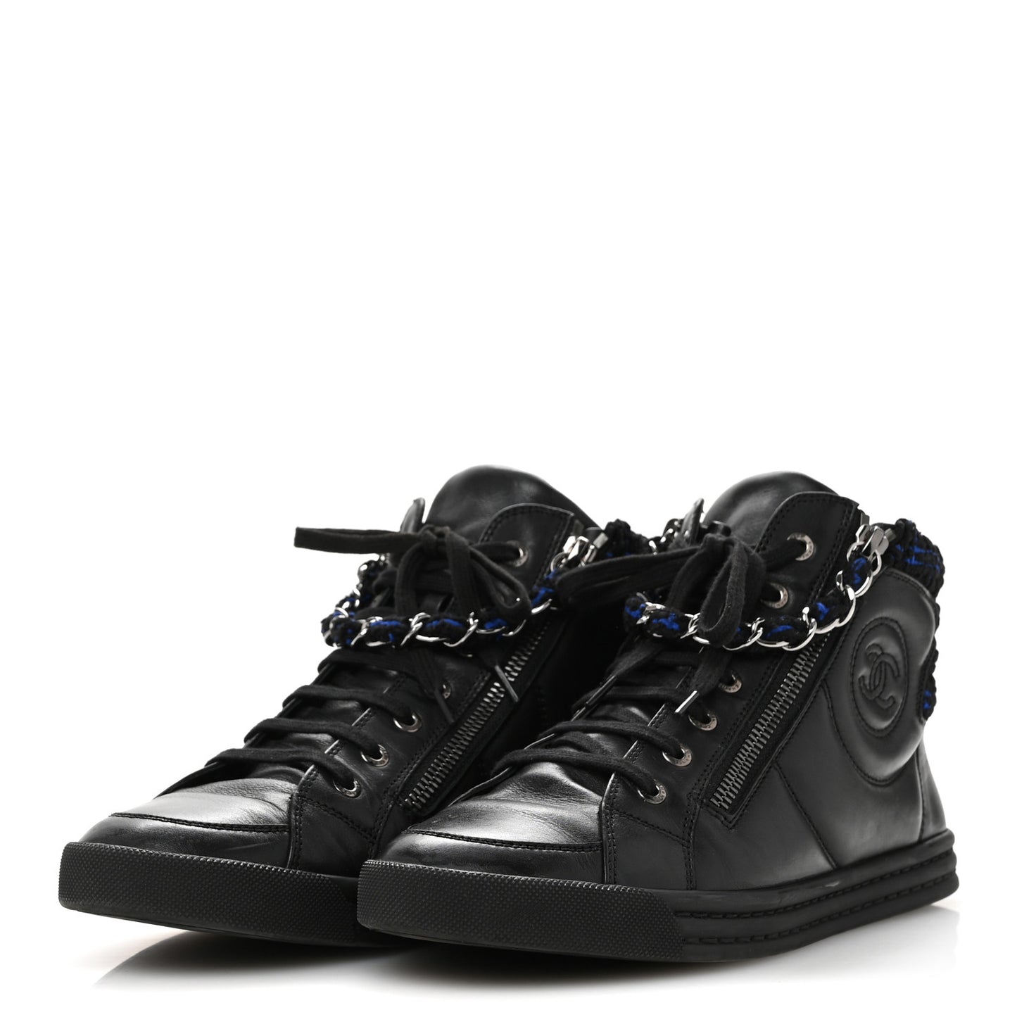 Lambskin Tweed Zipped Sneakers 39 Black Blue