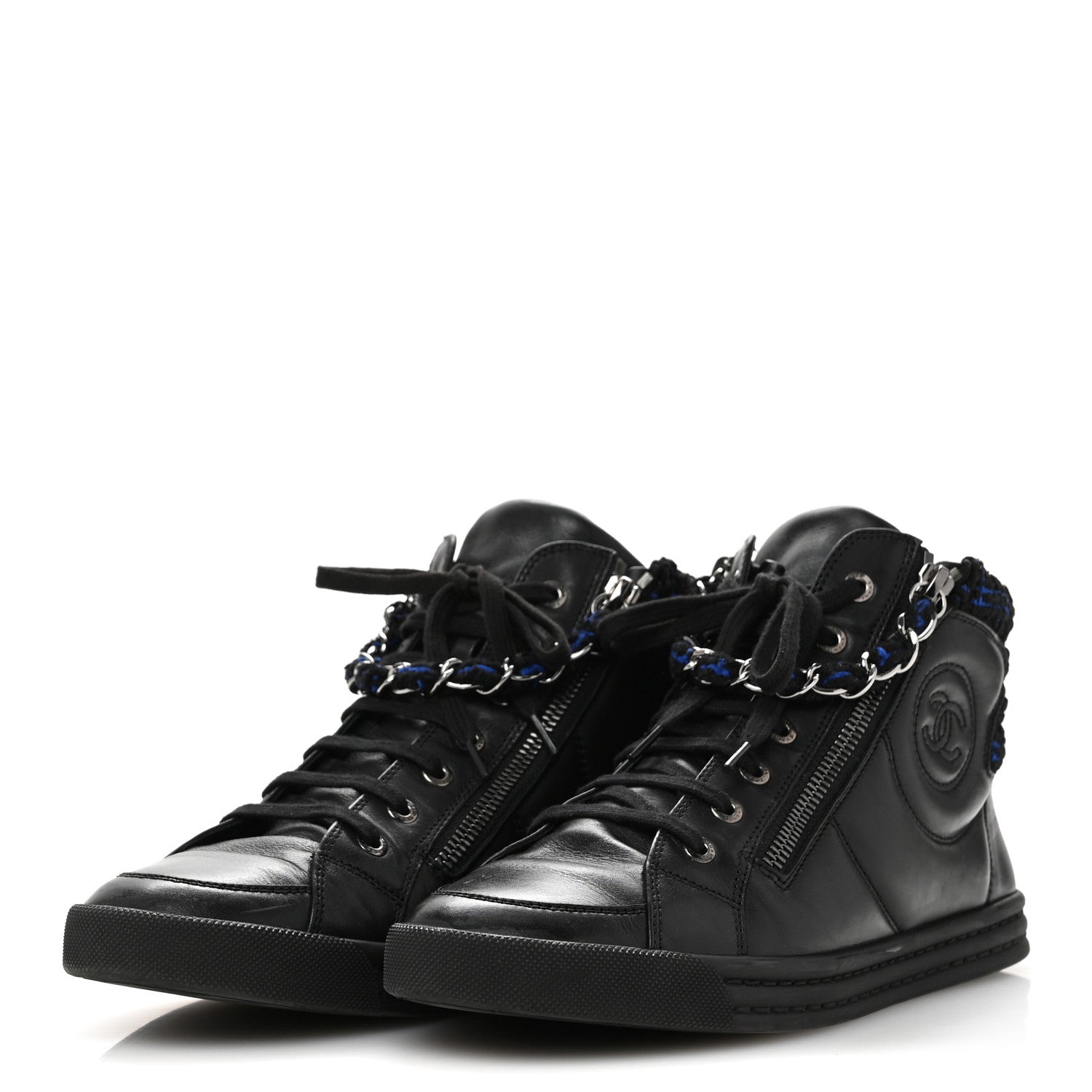 Chanel Lambskin Tweed Zipped Sneakers 39 Black Blue 4 of 11