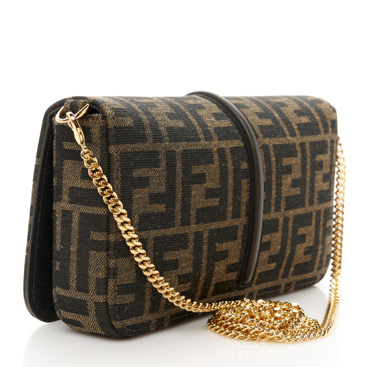 Fabric Jacquard Vitello Grace FF 1974 Fendigraphy Wallet On Chain Tobacco Moro Ebano