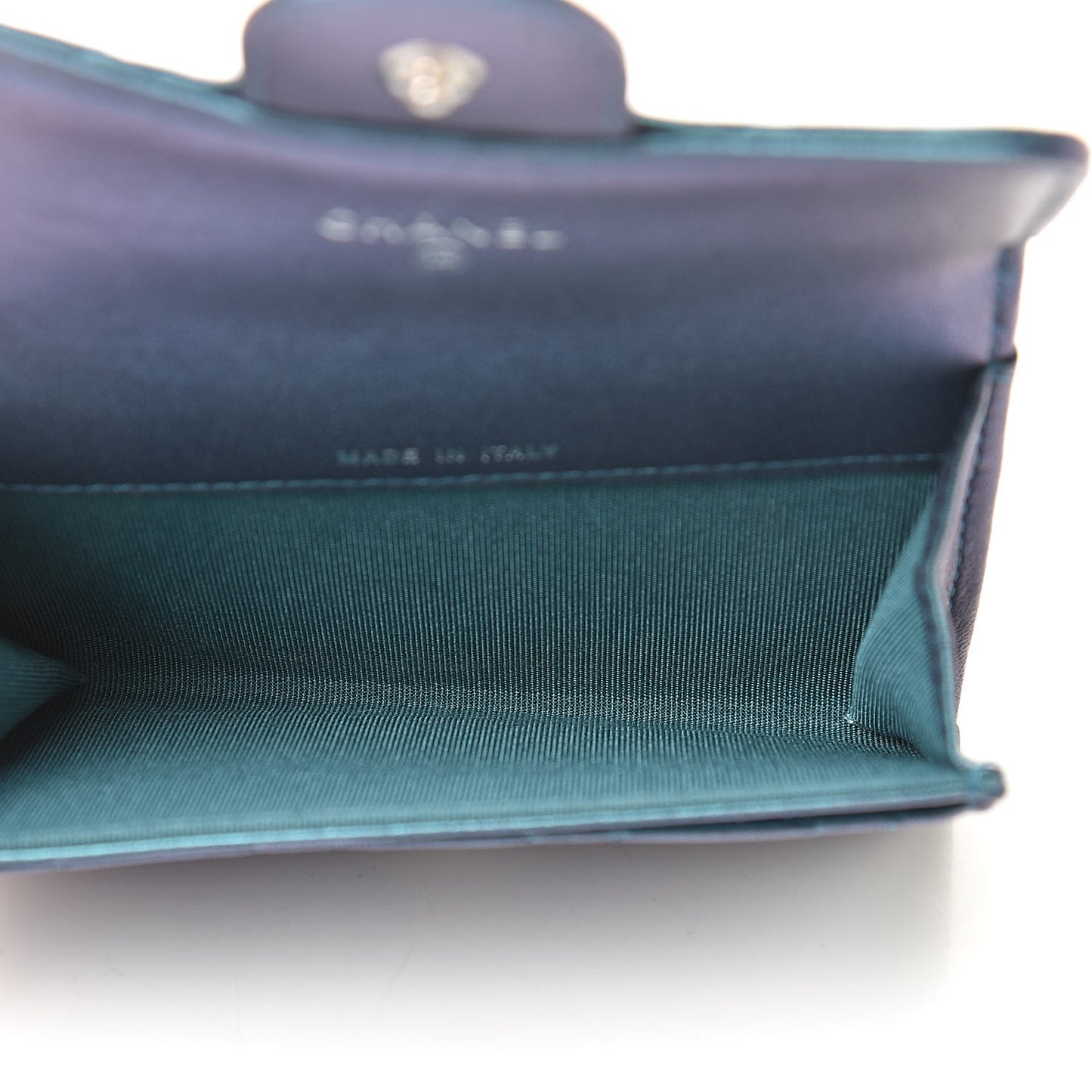 Iridescent Lambskin Quilted Flap Card Holder Turquoise