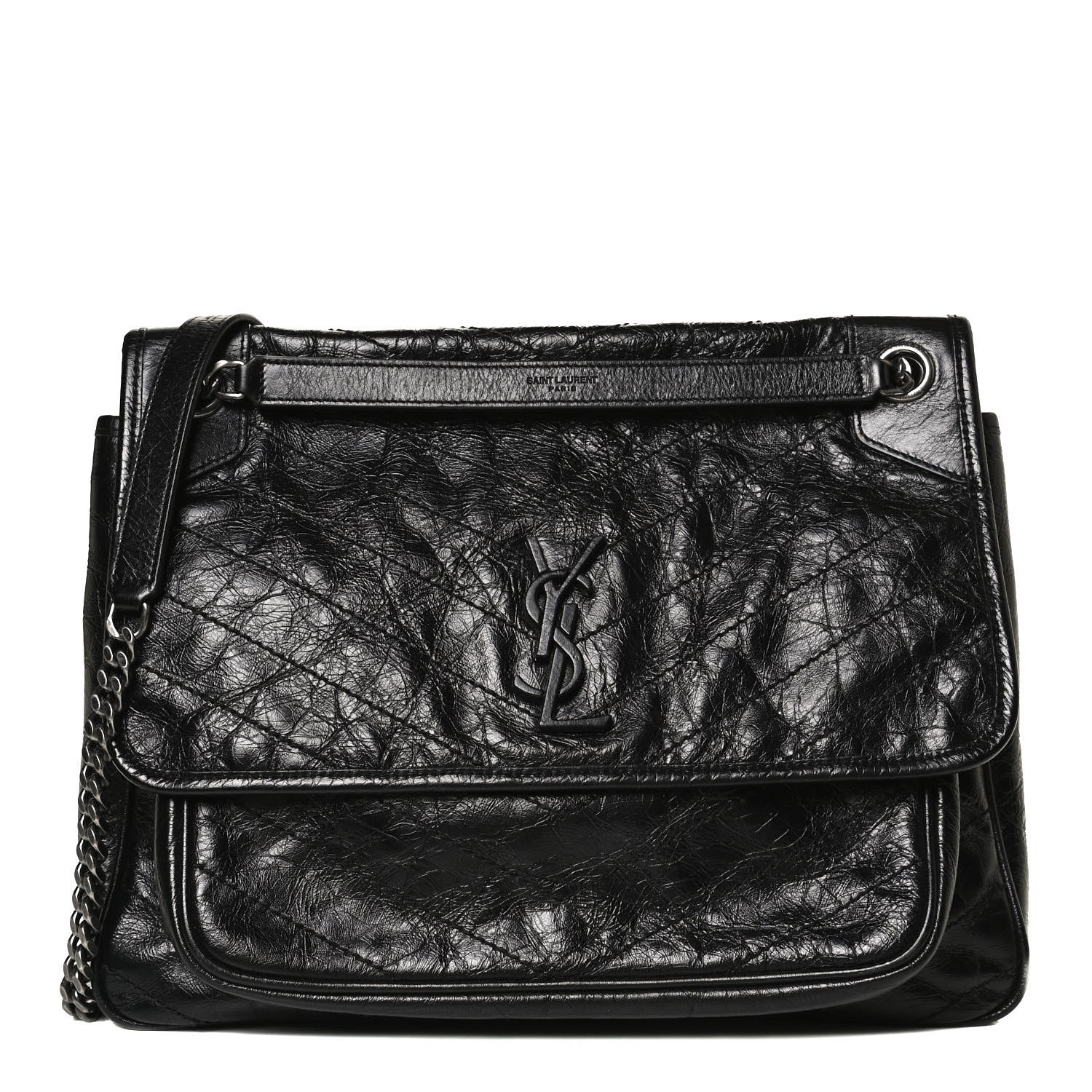 Saint Laurent Crinkled Calfskin Matelasse Monogram Large Niki Chain Satchel Black 1 of 9