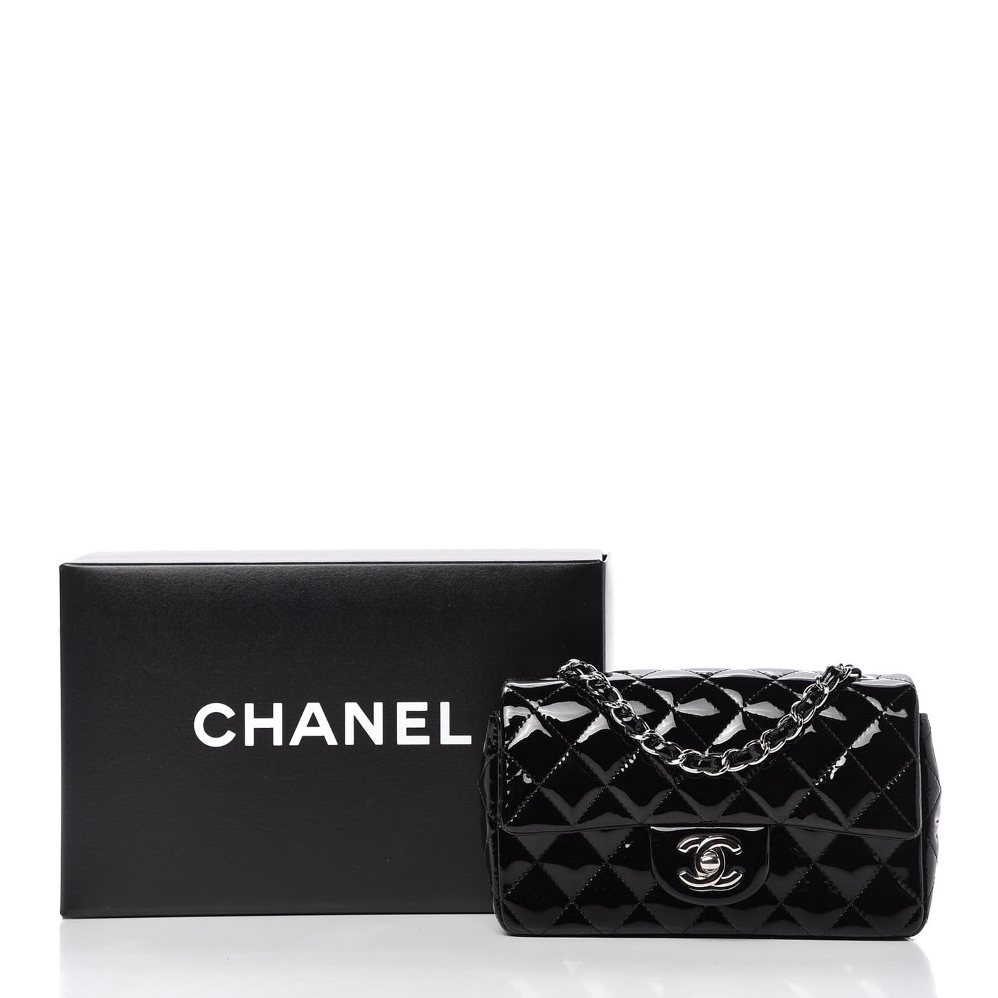 Patent Calfskin Quilted Mini Rectangular Flap Black