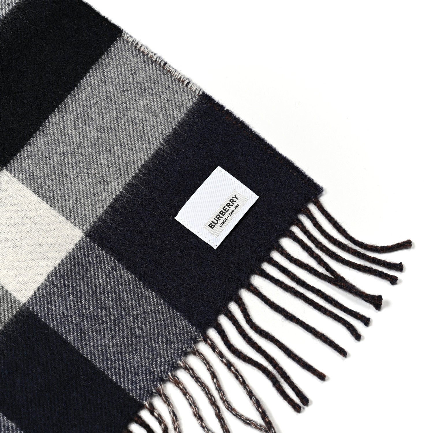 Burberry Cashmere Half Mega Check Monogram TB Reversible Fringe Scarf Dark Charcoal Blue 3 of 4