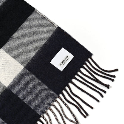 Burberry Cashmere Half Mega Check Monogram TB Reversible Fringe Scarf Dark Charcoal Blue 3 of 4