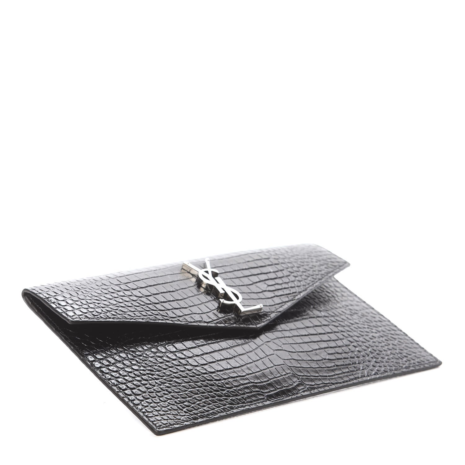 Saint Laurent Calfskin Crocodile Embossed Uptown Monogram Clutch Black 3 of 5