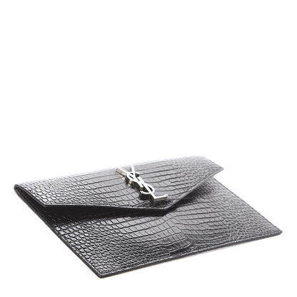 Saint Laurent Calfskin Crocodile Embossed Uptown Monogram Clutch Black 3 of 5