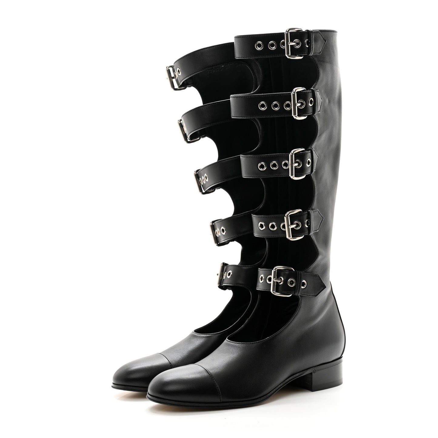 Calfskin Pin Buckle Knee High Boots 37 Black