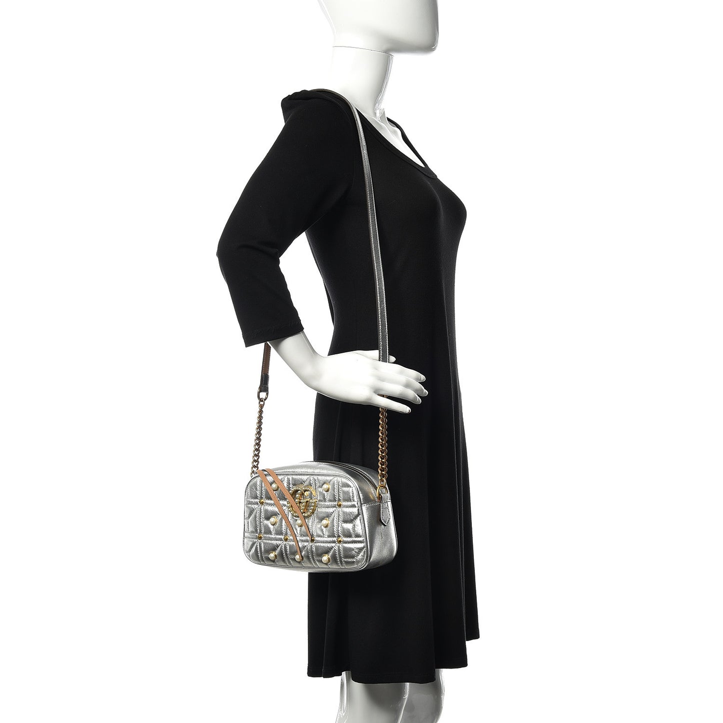 Metallic Calfskin Matelasse Studded Small Pearly GG Marmont Chain Shoulder Bag Silver