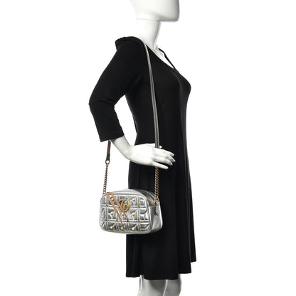 Gucci Metallic Calfskin Matelasse Studded Small Pearly GG Marmont Chain Shoulder Bag Silver 2 of 11
