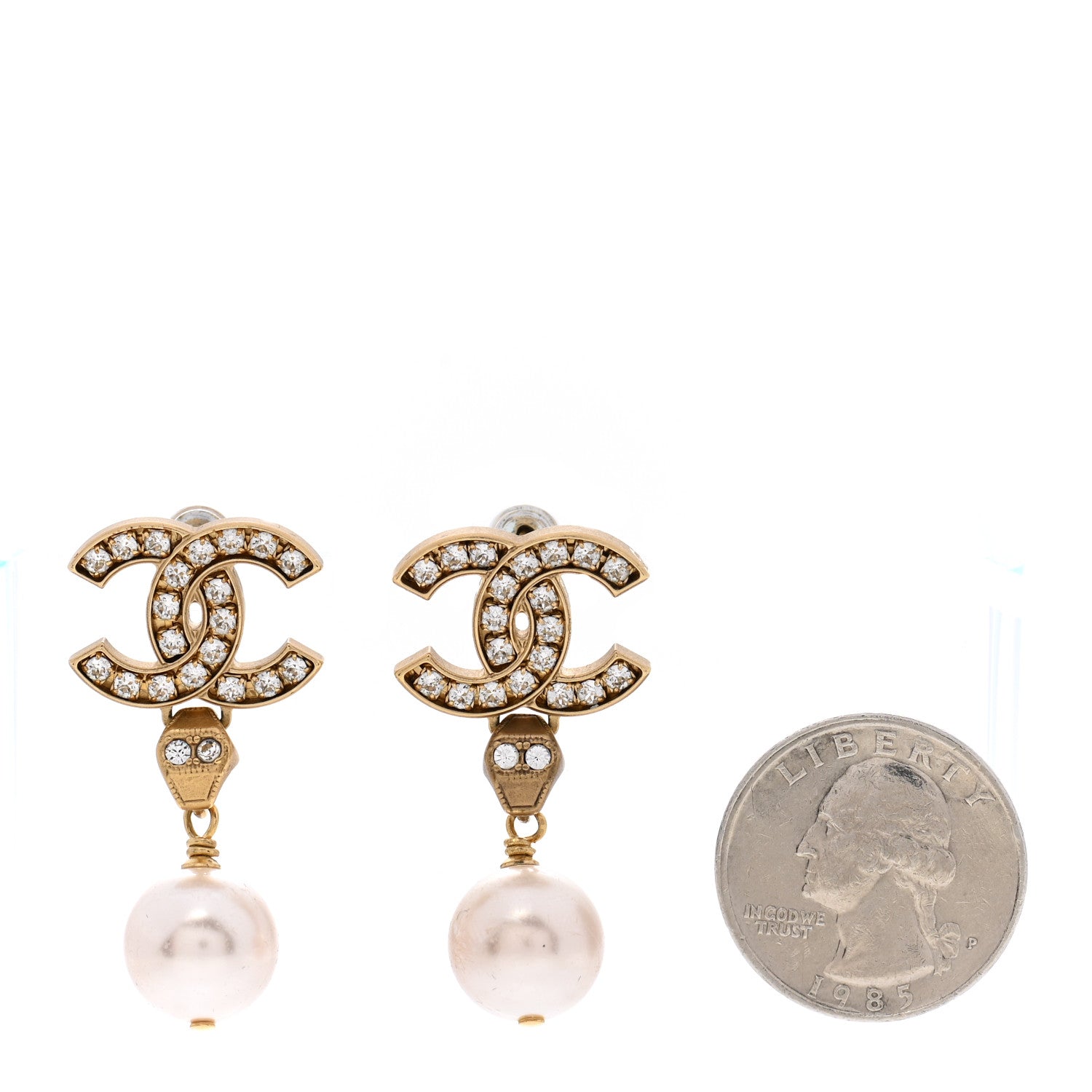 Chanel Pearl Crystal CC Drop Earrings Gold 2 of 7