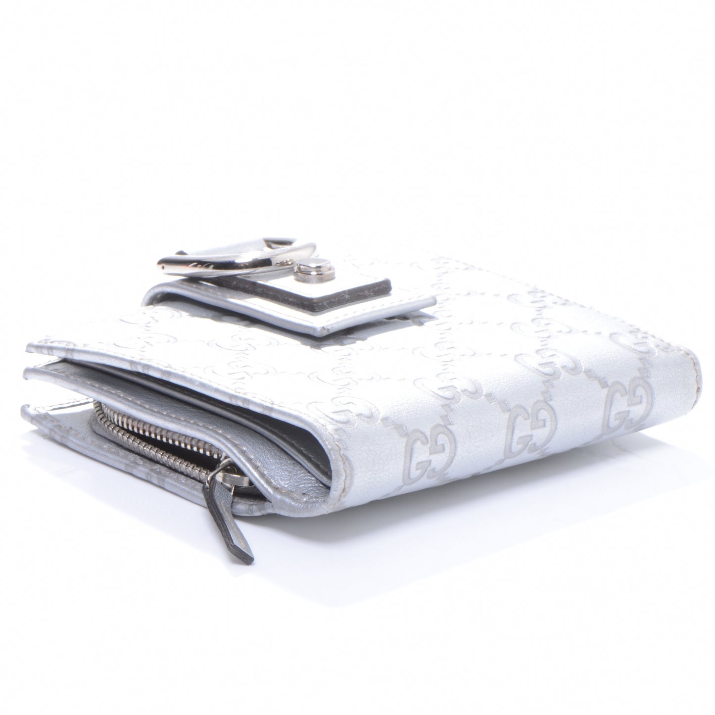 Guccissima D Ring Compact Wallet Metallic Silver