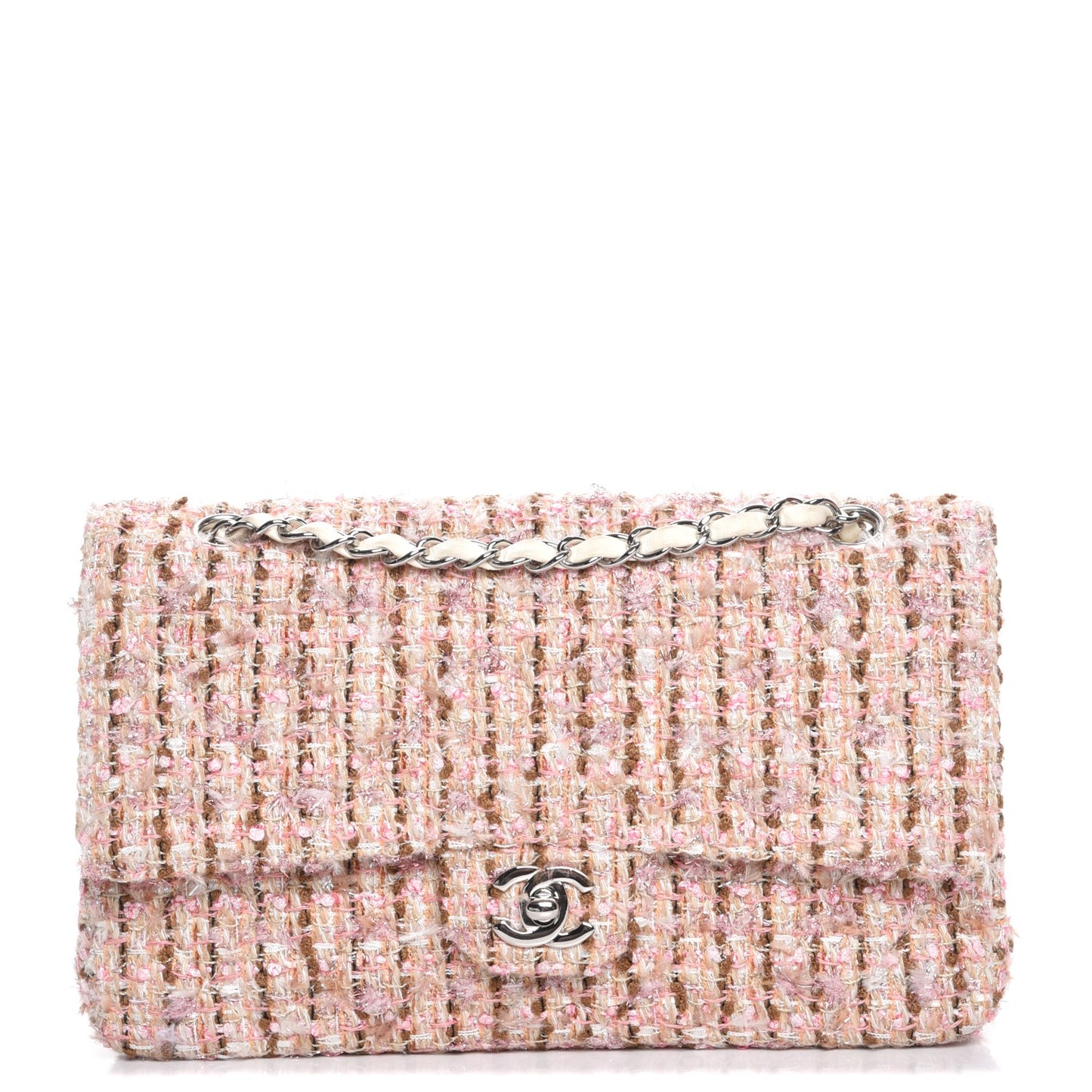 Tweed Quilted Medium Double Flap Pink Gold