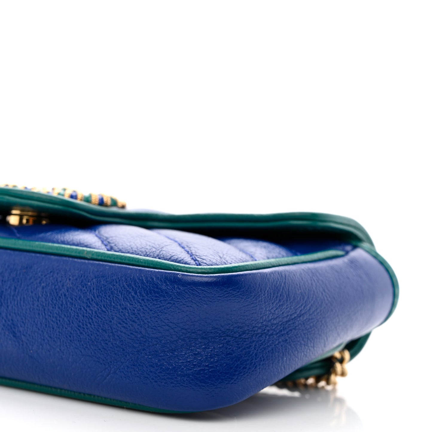 Azalea Calfskin Enamel Matelasse Diagonal Super Mini Torchon GG Marmont Shoulder Bag Imperial Blue Pavone