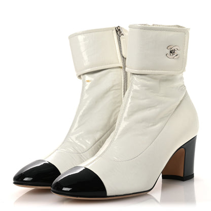 Chanel Crumpled Patent Calfskin Cap Toe CC Turnlock Ankle Short Boots 37.5 Ivory Black 4 of 15