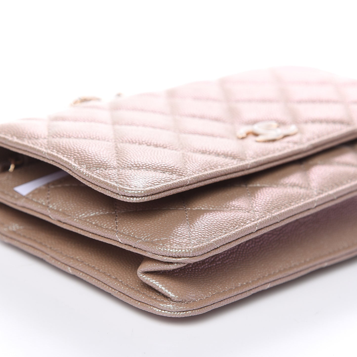 Iridescent Caviar Quilted Wallet On Chain WOC Beige