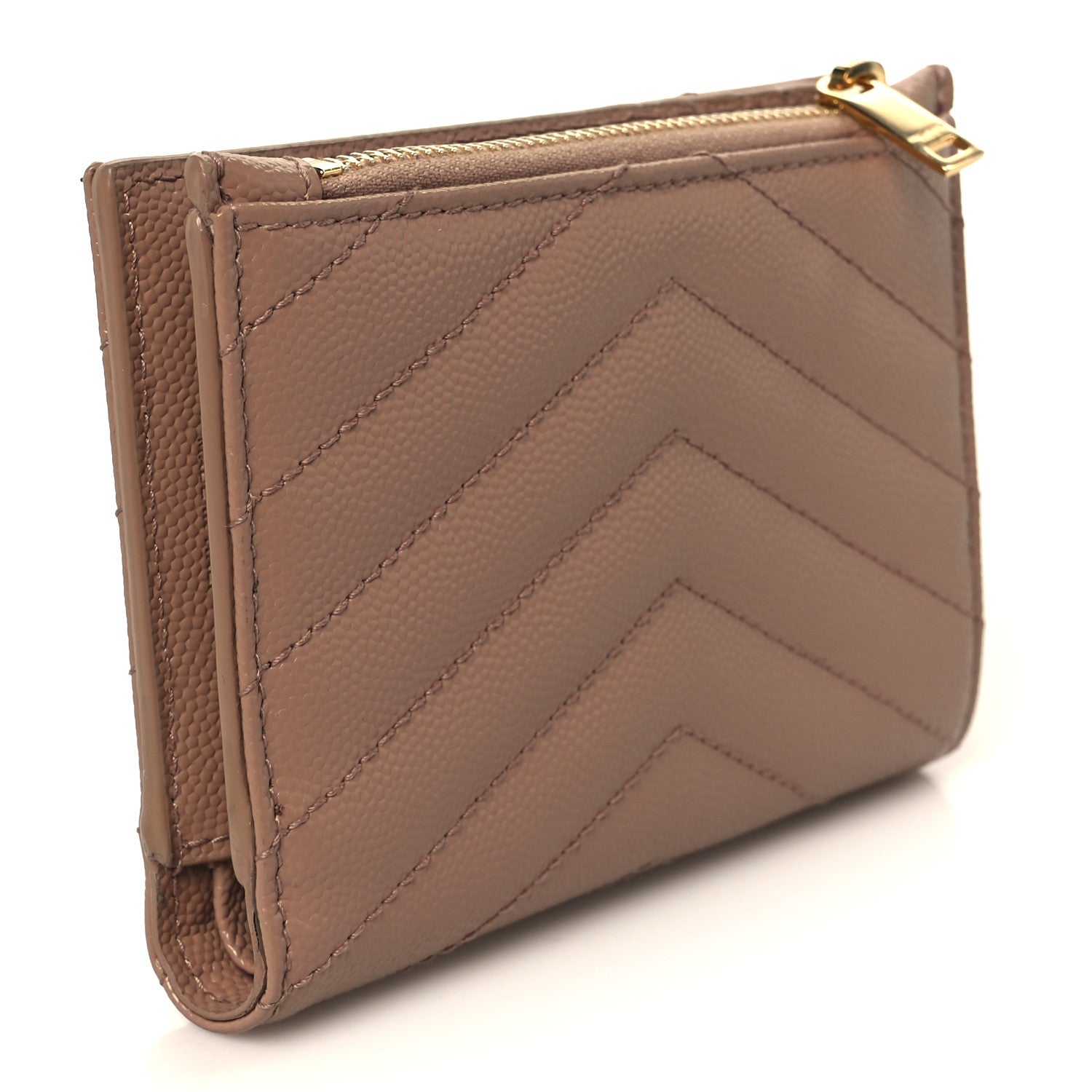 Saint Laurent Grain De Poudre Matelasse Chevron Monogram Zipped Two-Part Wallet Dark Beige 3 of 10