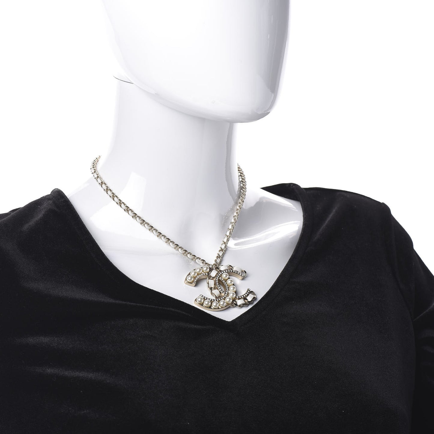 Pearl Crystal Lambskin Chain CC Necklace White Gold