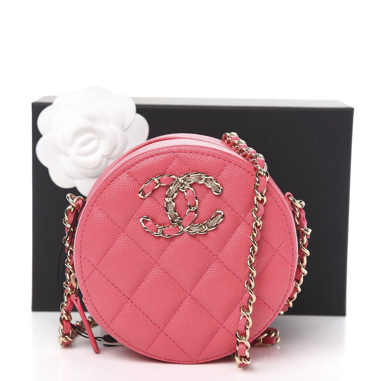 Caviar Quilted French New Wave Round Clutch With Chain Pink