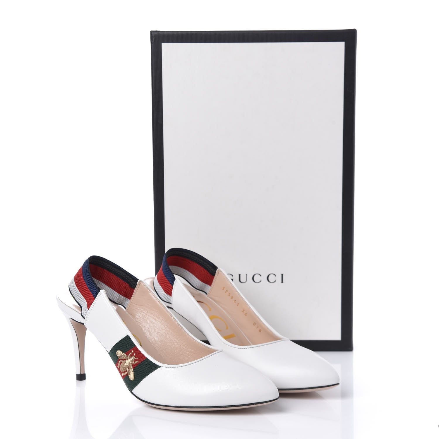 Gucci Malaga Kid Web Sylvie Mid Heel Slingback Pumps 36 White 10 of 10
