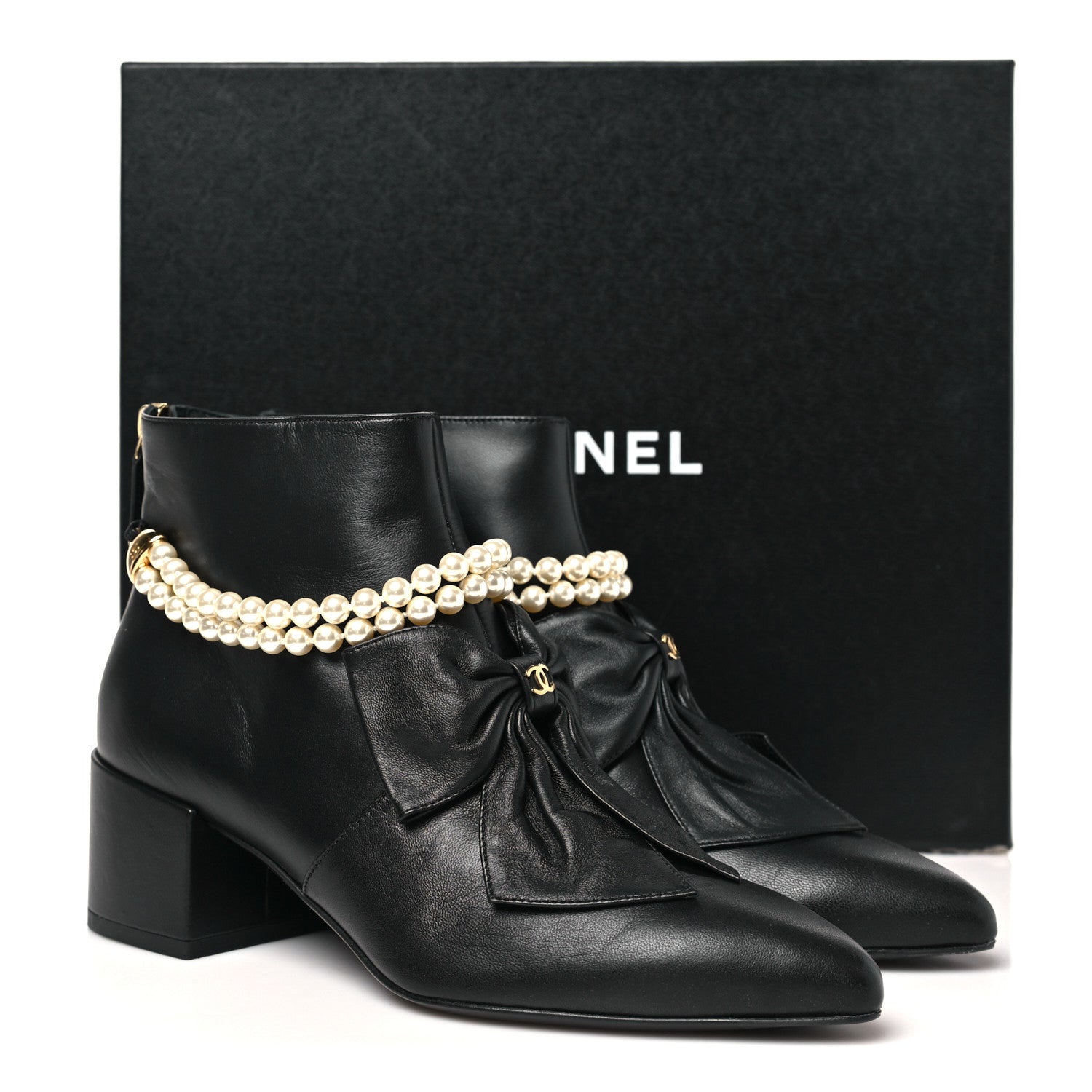 Chanel Lambskin Pearl Bow Short Boots 37.5 Black 10 of 10