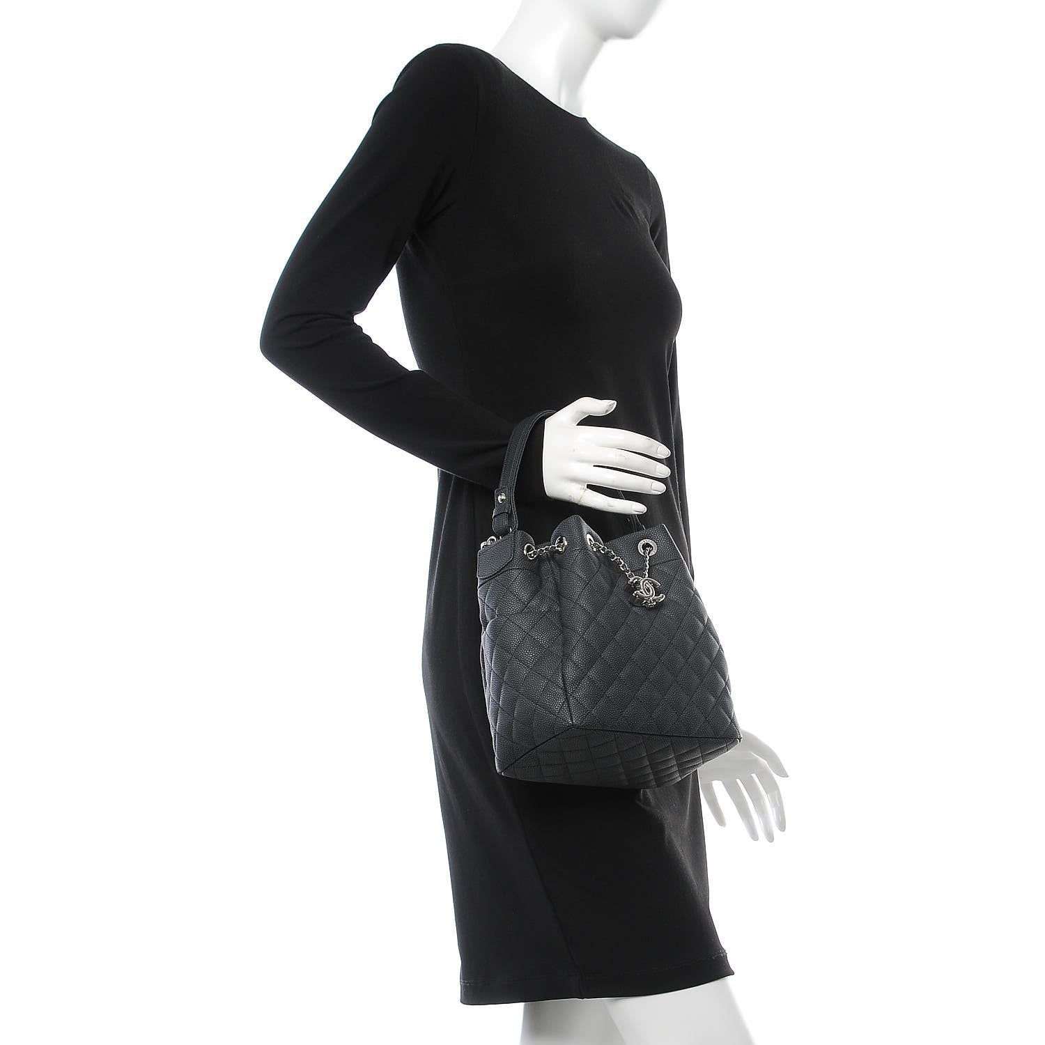 Chanel Caviar Flat Quilted CC Chain Bucket Drawstring Bag Black 3 of 9