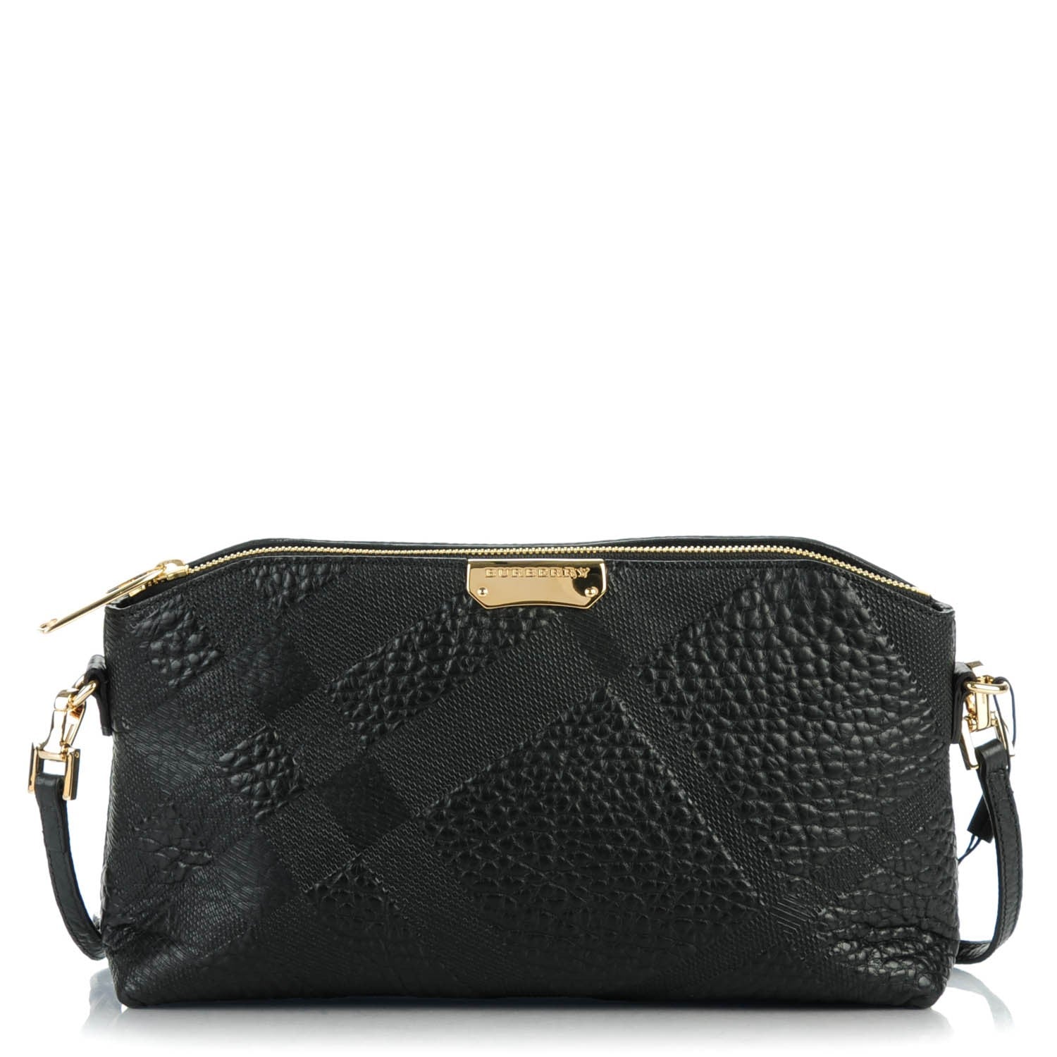 Burberry Signature Grain Calfskin Check Embossed Small Chichester Crossbody Clutch Bag Black 1 of 8