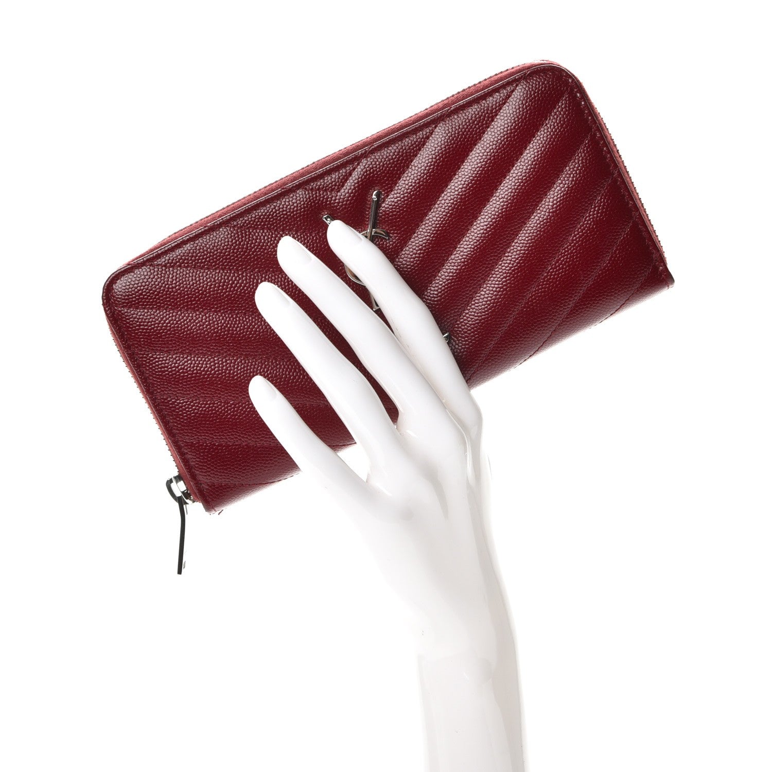 Saint Laurent Grain De Poudre Matelasse Chevron Monogram Zip Around Wallet Dark Red 2 of 8