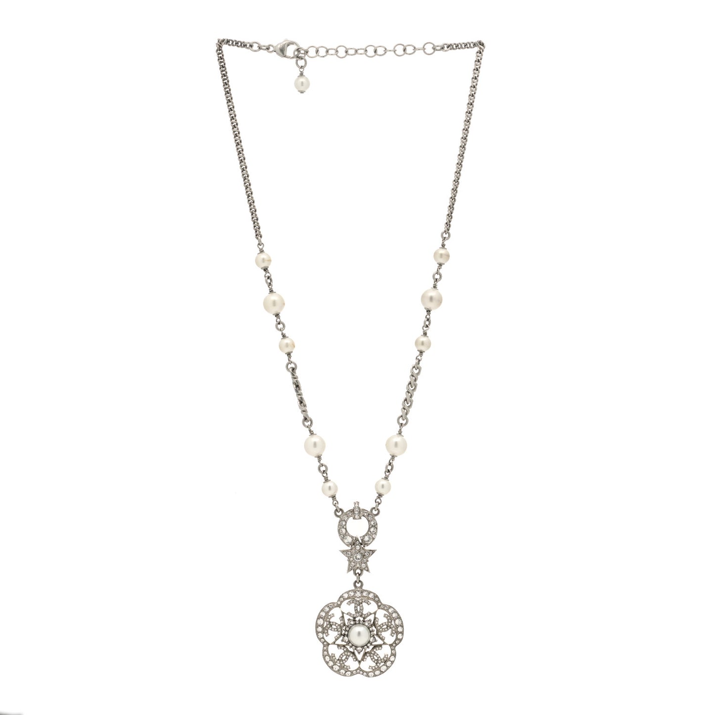 Pearl Crystal Flower Necklace Silver