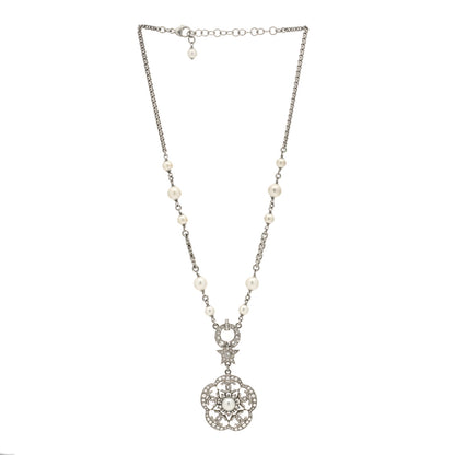 Chanel Pearl Crystal Flower Necklace Silver 3 of 5