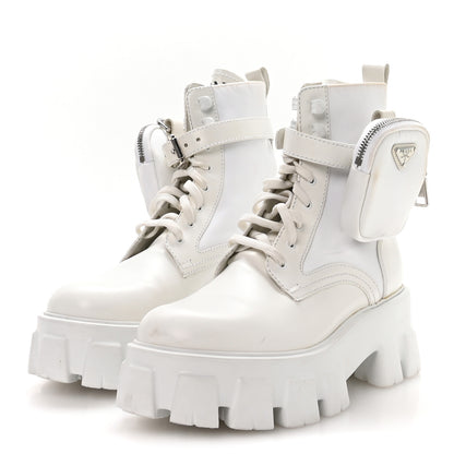 Prada Spazzolato Rois Re-Nylon Metal Triangle Logo Monolith Pouch Pocket 55mm Boots 38 White 4 of 7