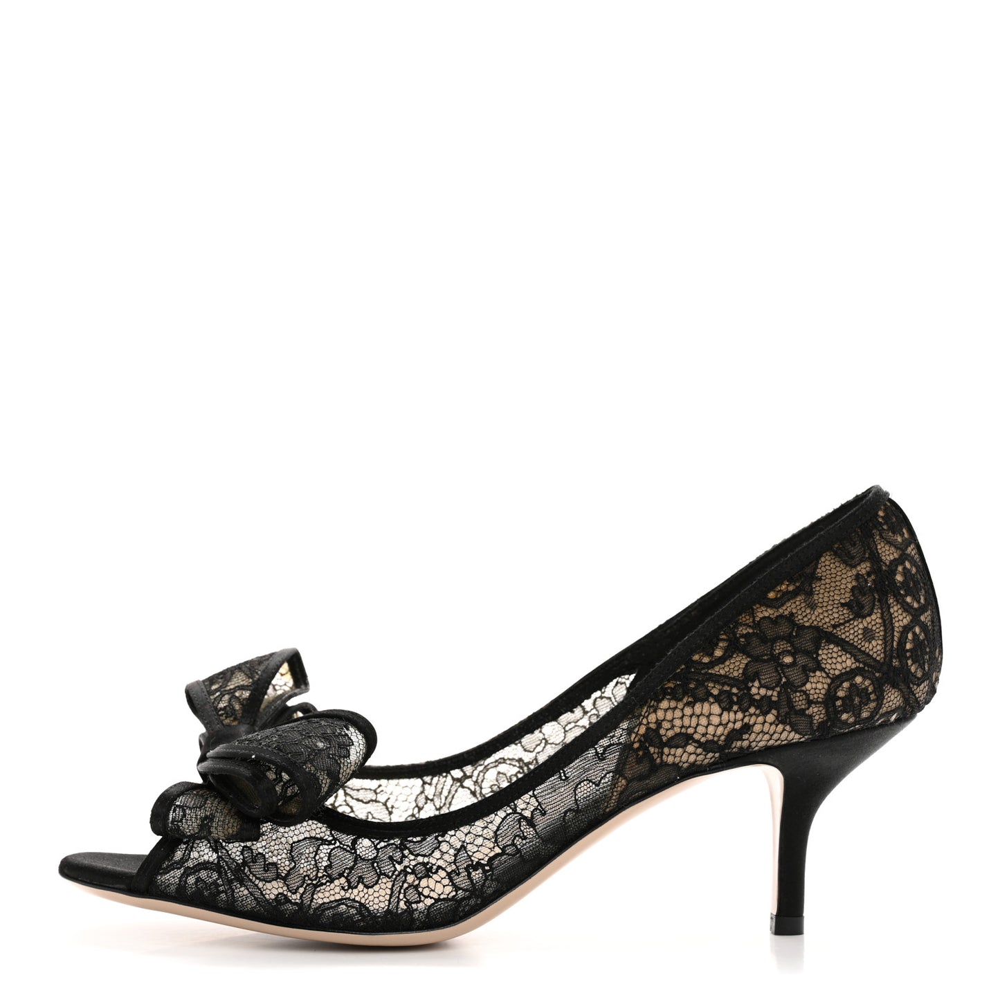 Satin Lace Couture Bow Peep Toe Low Heel Pumps 39.5 Black