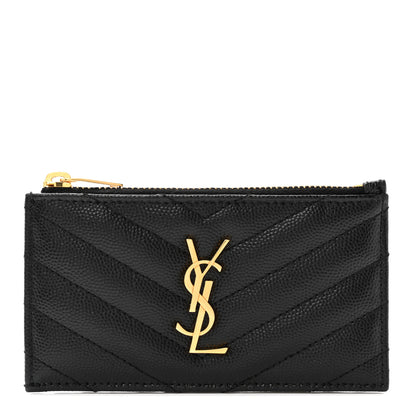 Saint Laurent Grain De Poudre Matelasse Chevron Monogram Fragments Zippered Card Case Black 1 of 6