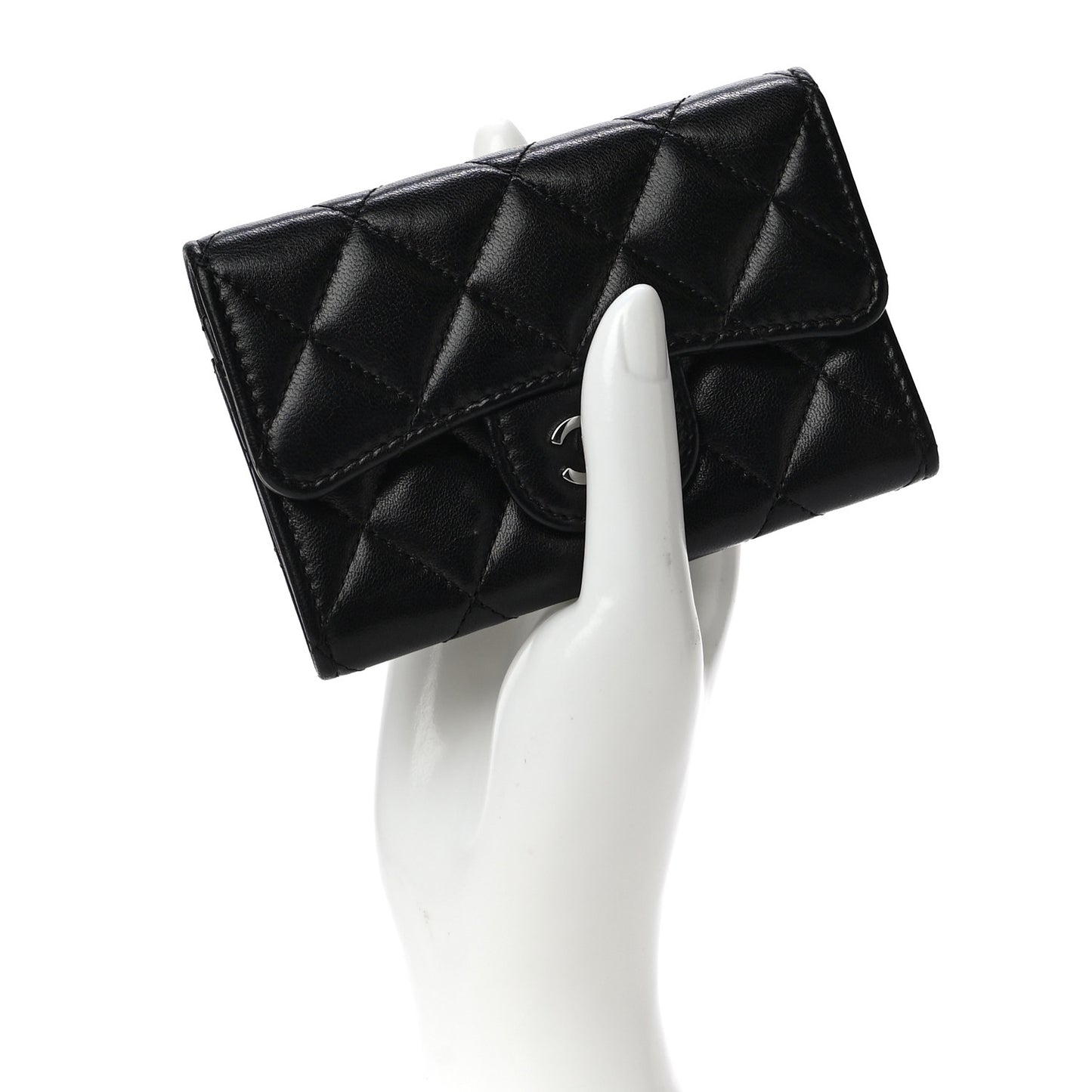 Lambskin Quilted Flap Card Holder Wallet Black