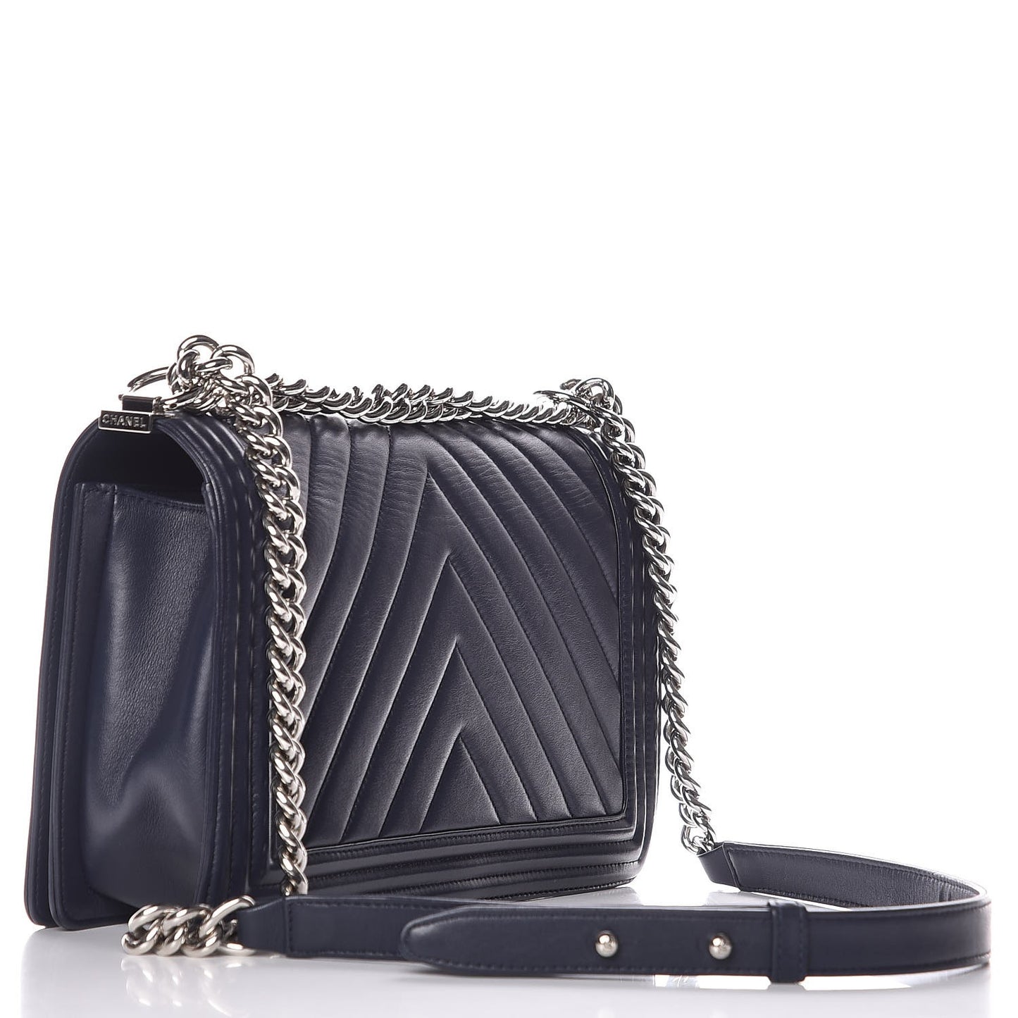 Calfskin Chevron Quilted New Medium Boy Flap Dark Navy Blue