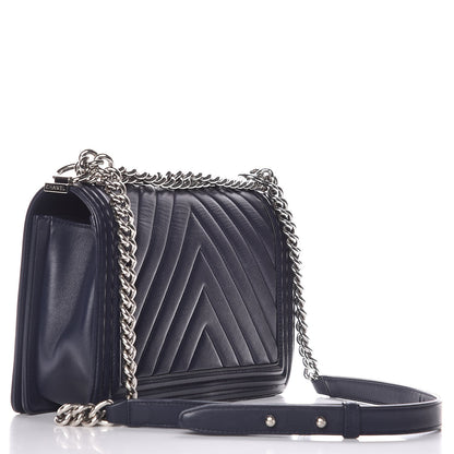 Chanel Calfskin Chevron Quilted New Medium Boy Flap Dark Navy Blue 3 of 7