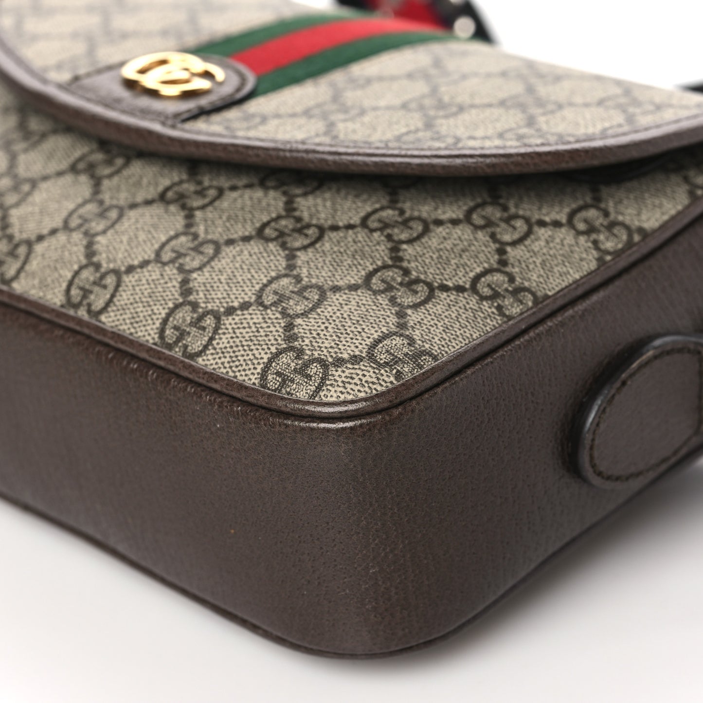 GG Supreme Monogram Textured Dollar Calfskin Web Studded Mini Ophidia Flap Shoulder Bag Beige Ebony New Acero