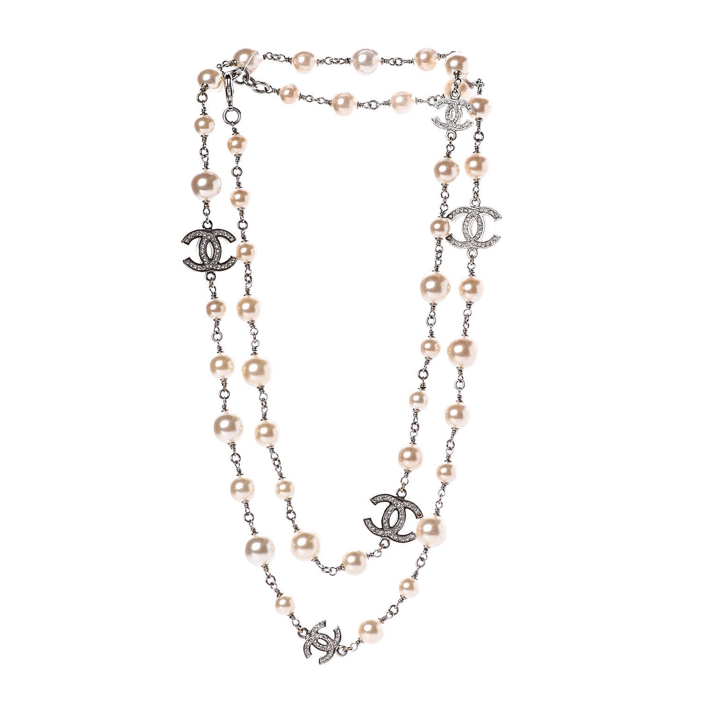 Graduated Pearl Crystal CC Long Necklace Silver