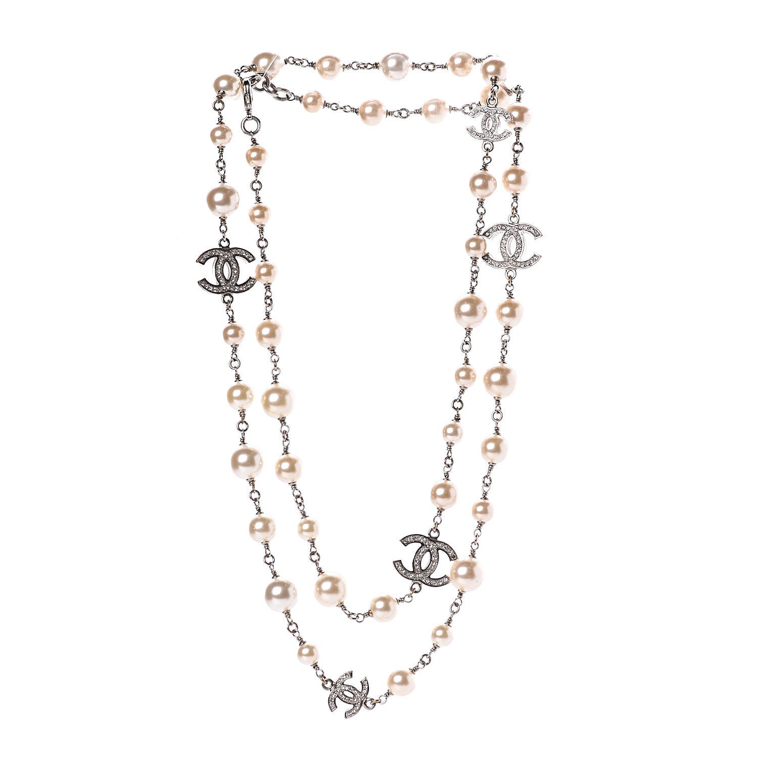 Chanel Graduated Pearl Crystal CC Long Necklace Silver 3 of 9