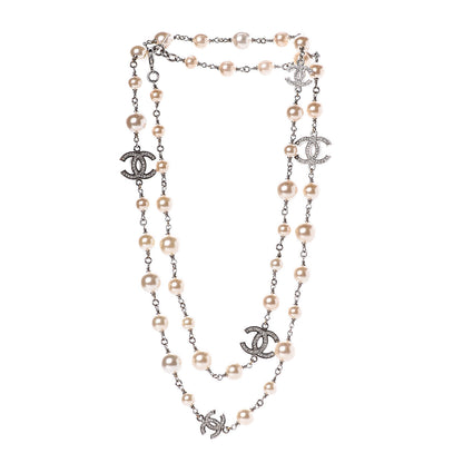 Chanel Graduated Pearl Crystal CC Long Necklace Silver 3 of 9