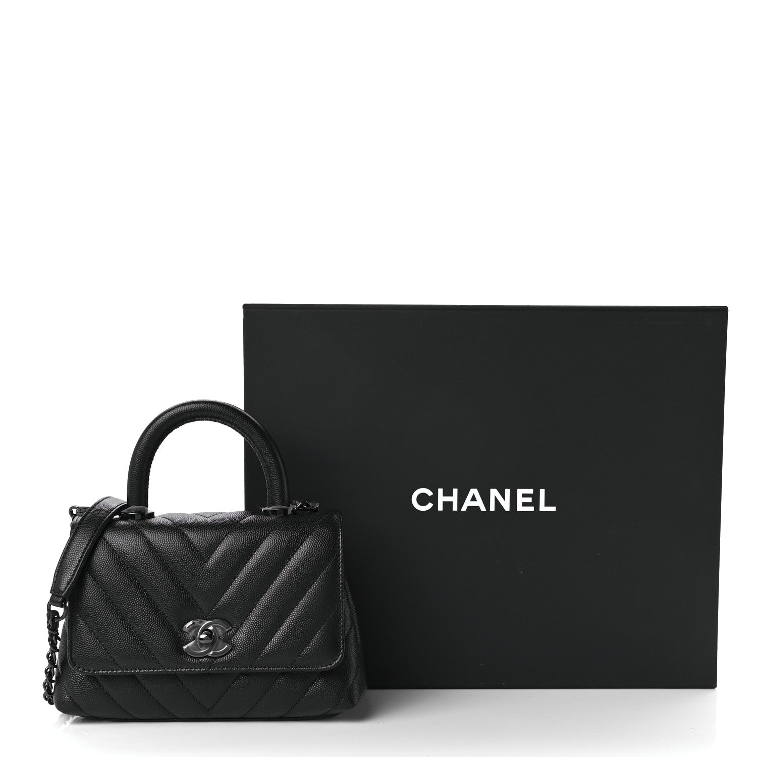 Chanel Caviar Chevron Quilted Extra Mini Coco Handle Flap So Black 9 of 9