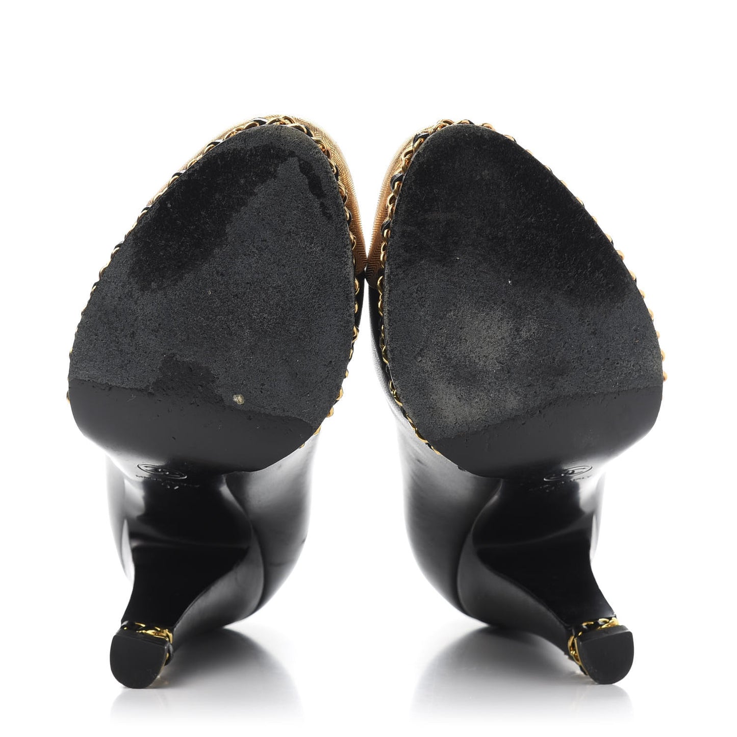 Lambskin Chain Around Cap Toe Pumps 37 Black Gold