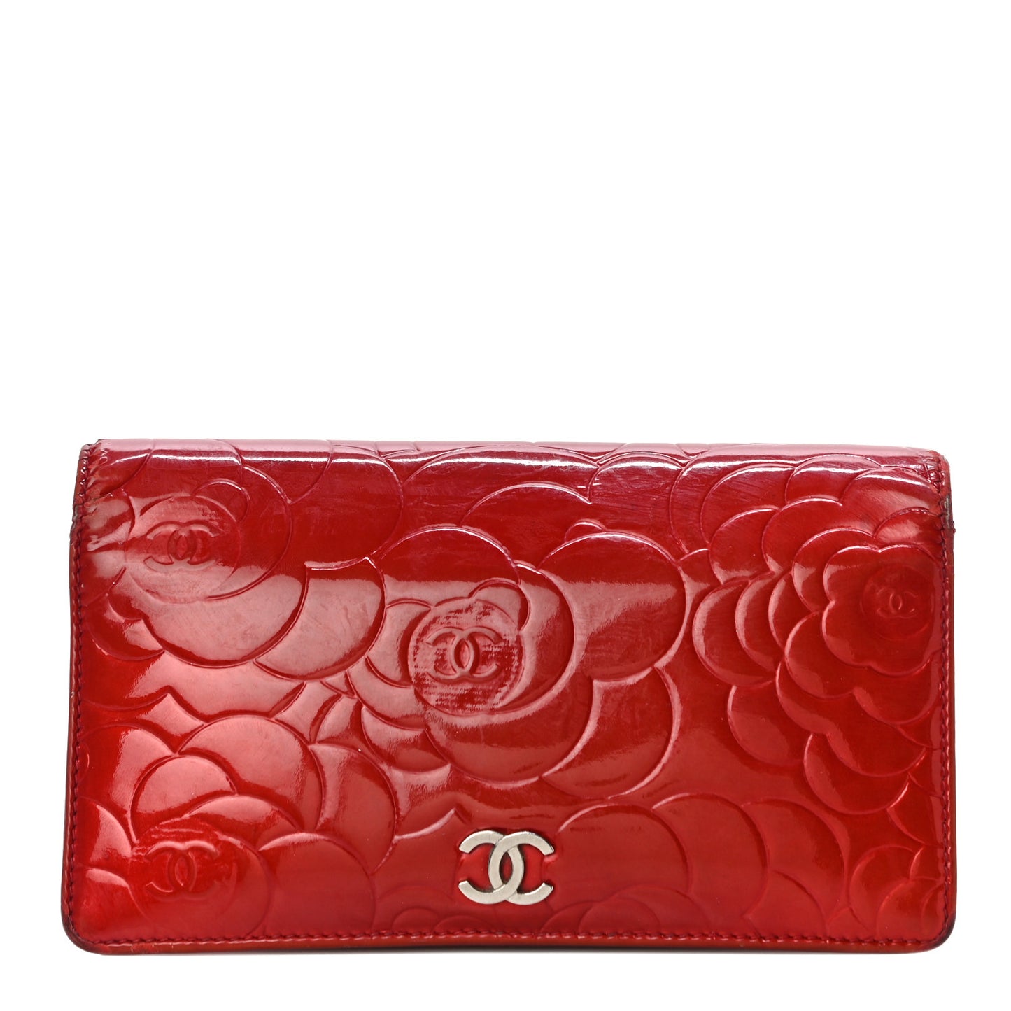 Patent Camellia Embossed Yen Wallet Red
