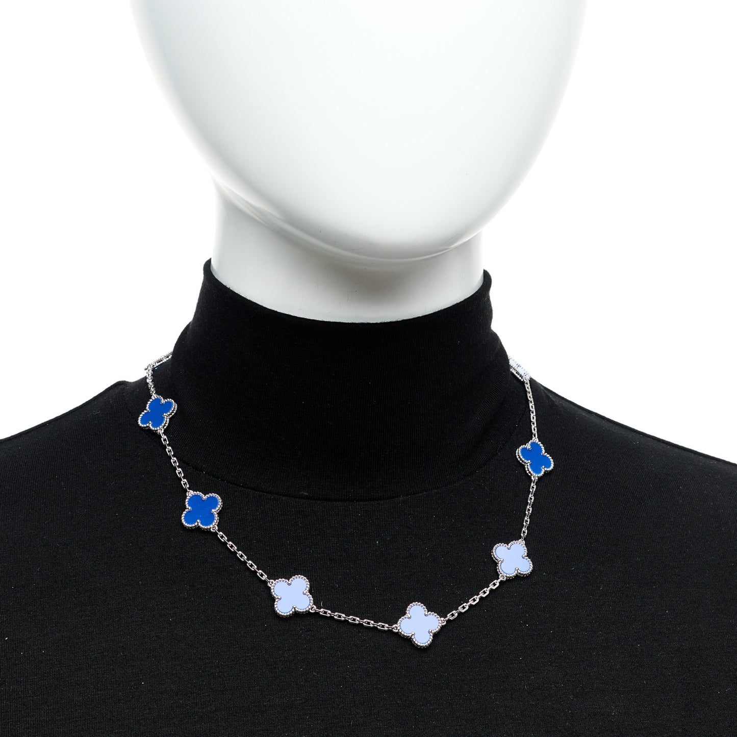 18K White Gold Blue Agate 10 Motifs Vintage Alhambra Necklace