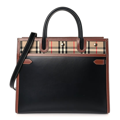 Burberry Calfskin Vintage Check Medium Two Handle Title Bag Black 1 of 8