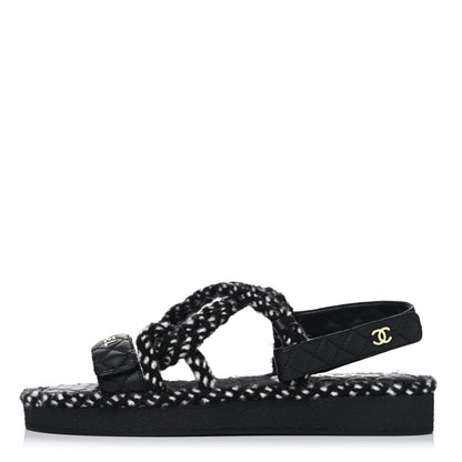Chanel Cord Lambskin Quilted Logo Sandals 41 Black White 1 of 6