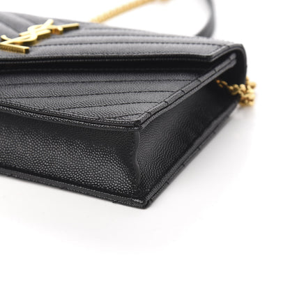 Saint Laurent Grain De Poudre Matelasse Chevron Monogram Envelope Chain Wallet Black 9 of 11