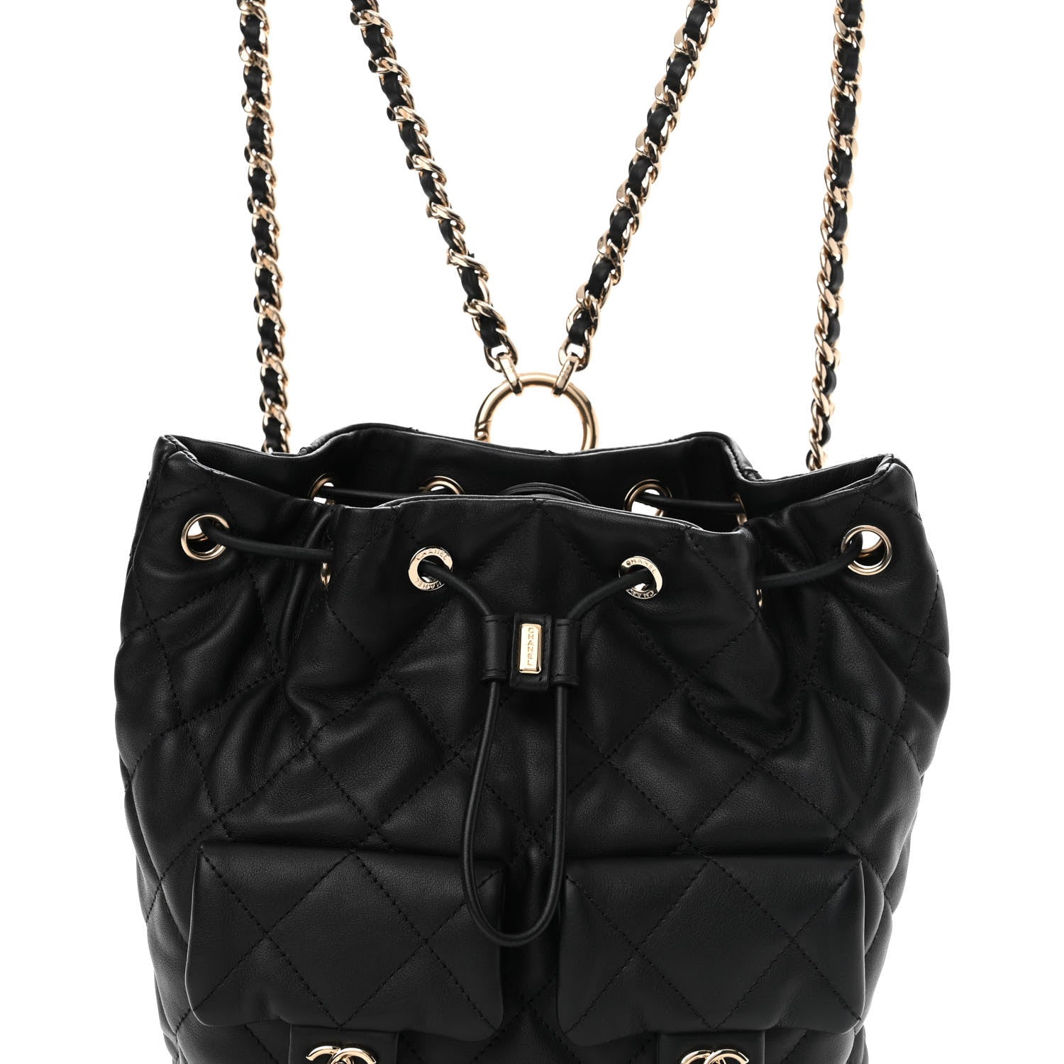 Chanel Calfskin Quilted Double Pocket Drawstring Backpack Black 8 of 11