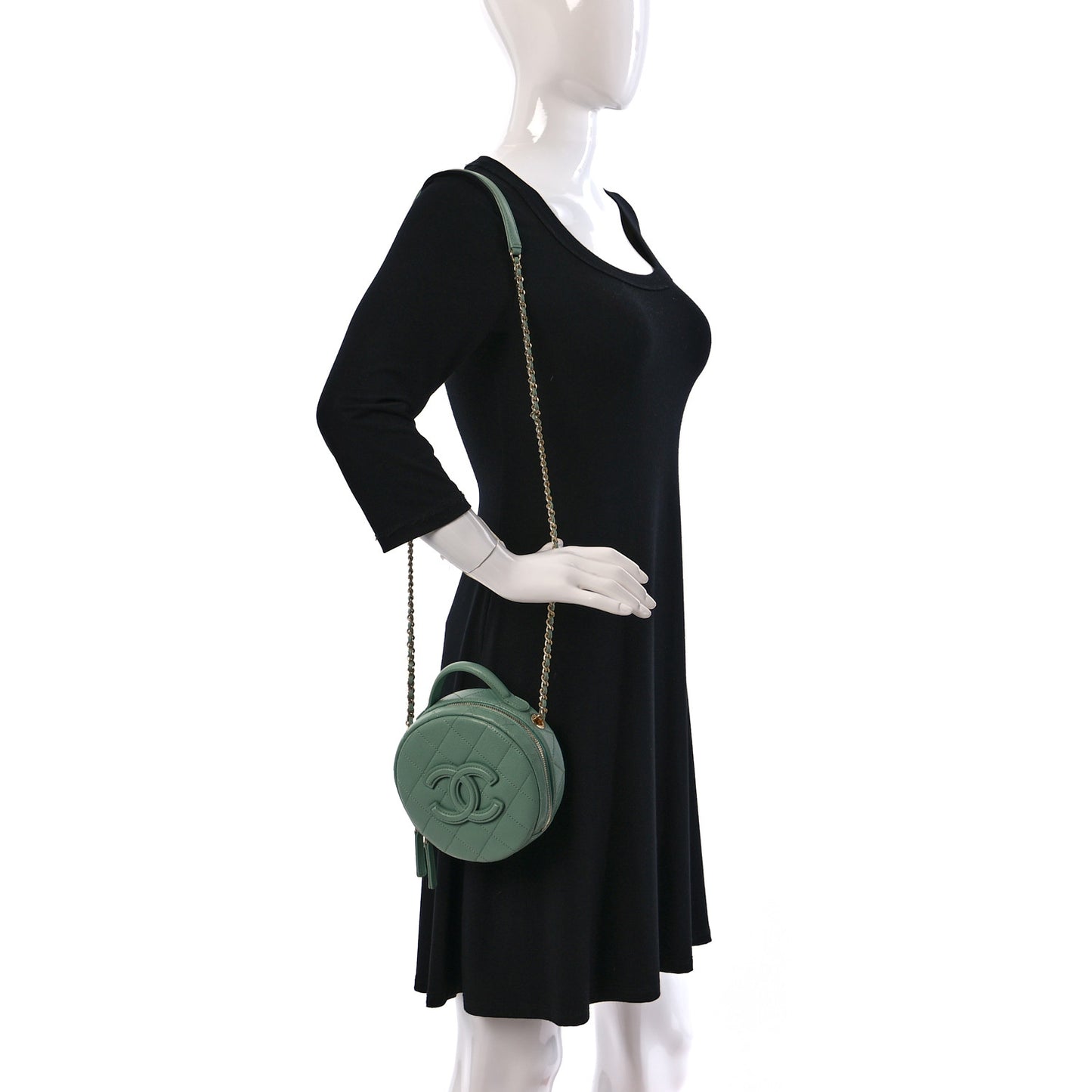 Caviar Quilted Small Round Vanity With Chain Light Green