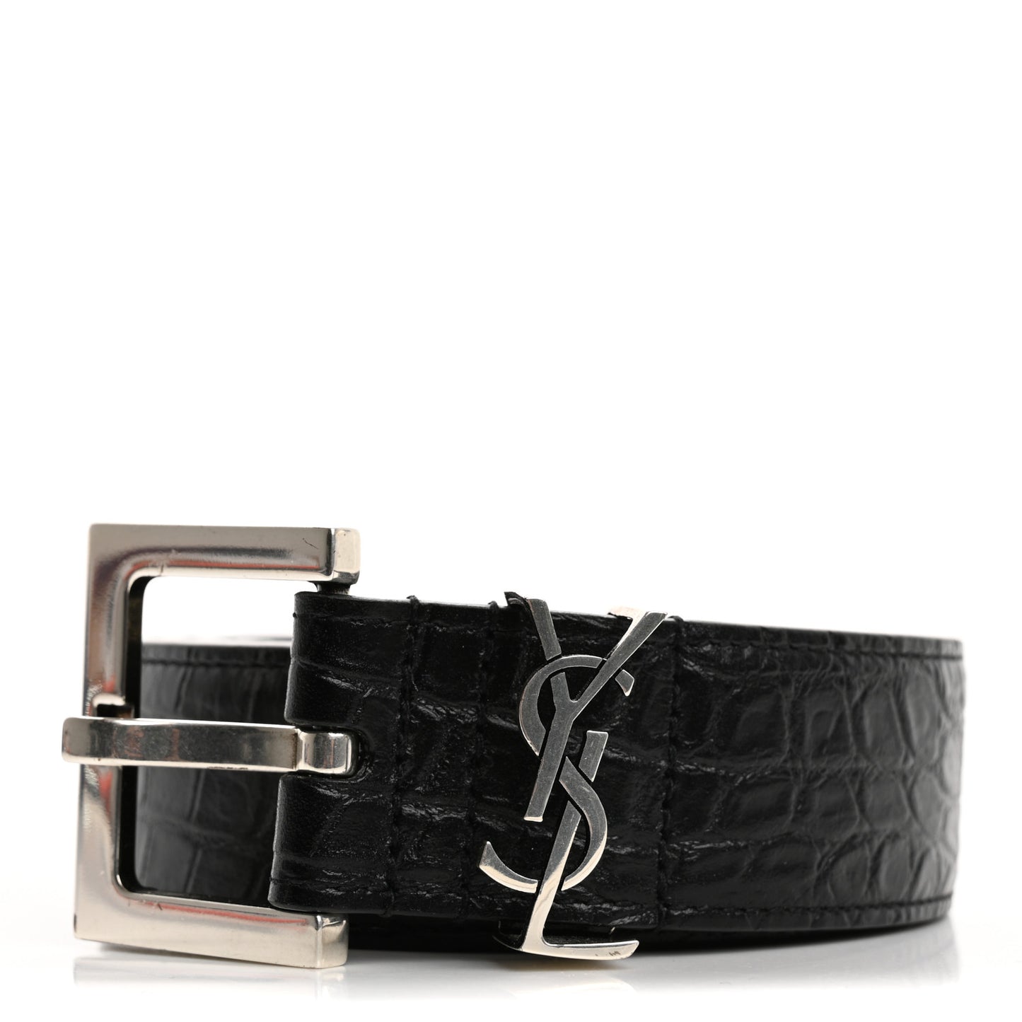 Calfskin Crocodile Embossed Monogram Square Buckle Belt Black