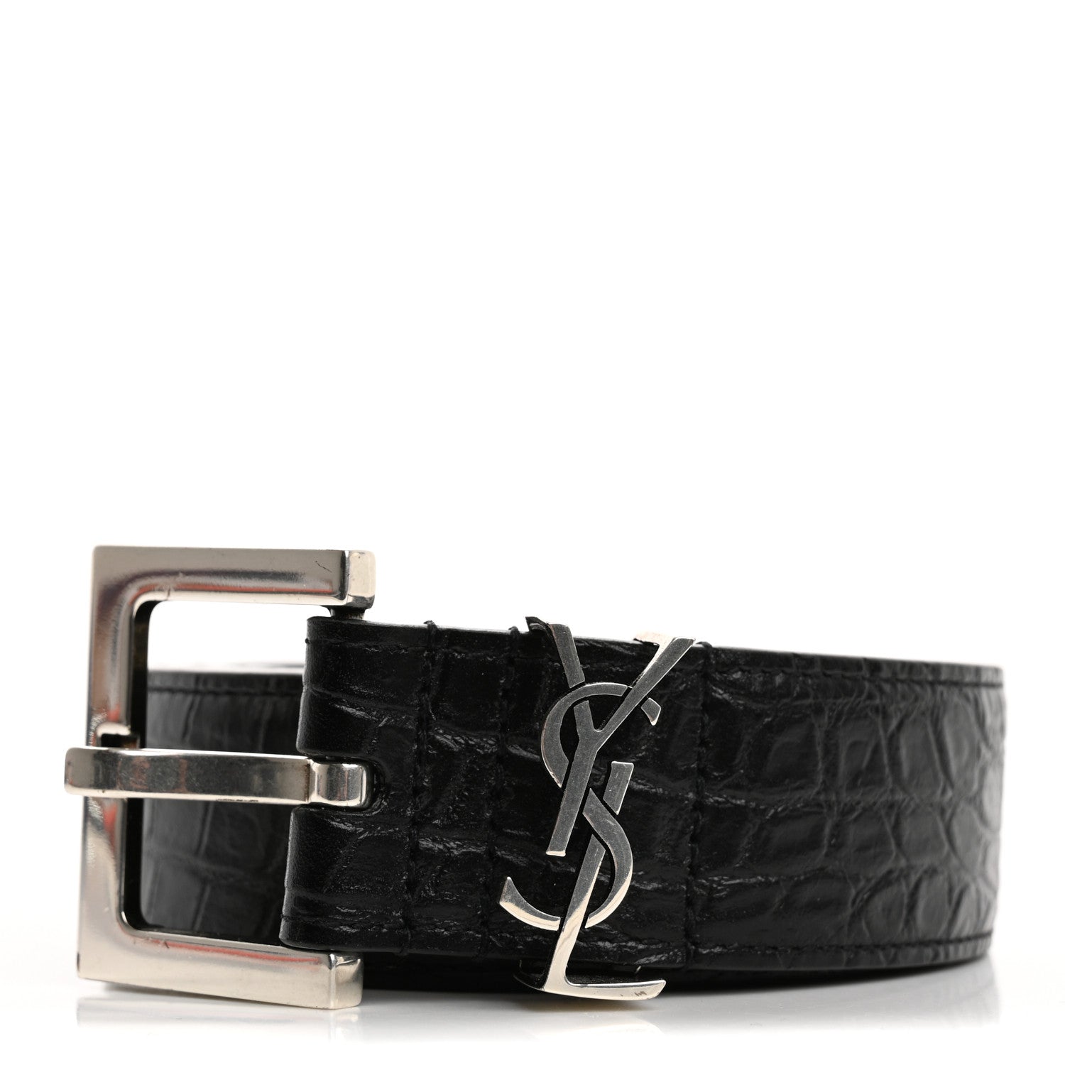 Saint Laurent Calfskin Crocodile Embossed Monogram Square Buckle Belt Black 7 of 7